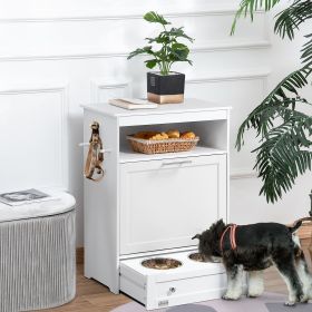 Pet Feeder Station Storage Cabinet, Dog Food Storage Container with Dog Raised Bowls, Watering Supplies, White