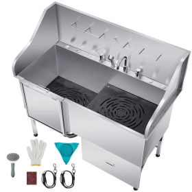 304 Stainless Steel Dog Washing Station, 61 Inch Pet Grooming Tub with Non-Slip Low-Slope Ramp, Storage Drawer, Hot & Cold Faucet