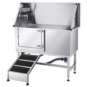 Stainless Steel Dog Washing Station, 50 inch Pet Grooming Tub w/ Ramp, PE Water Filter Board (Ramp or Stairs/Door Opening Method: Ramp/Left)